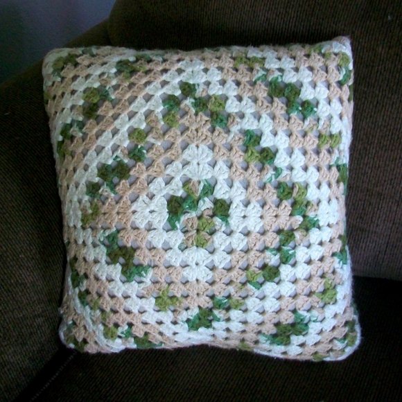 Crochet Granny Square Decorative Throw Pillow Cream Green Beige - Picture 3 of 5